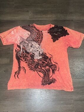 Nobility Y2K Affliction style Dragon Graphic Tee - Coral Red made in USA